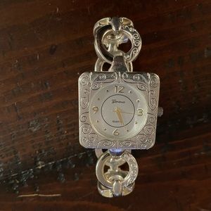Vintage Geneva quartz watch bracelet toggle closure silver hardware ~